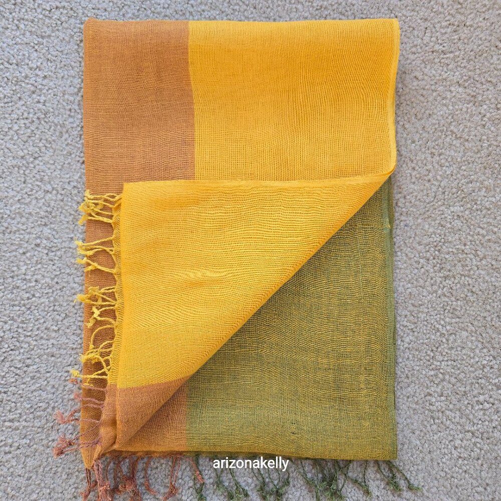 Mila Schon Linen Scarf Yellow Green Brown Earth Tones